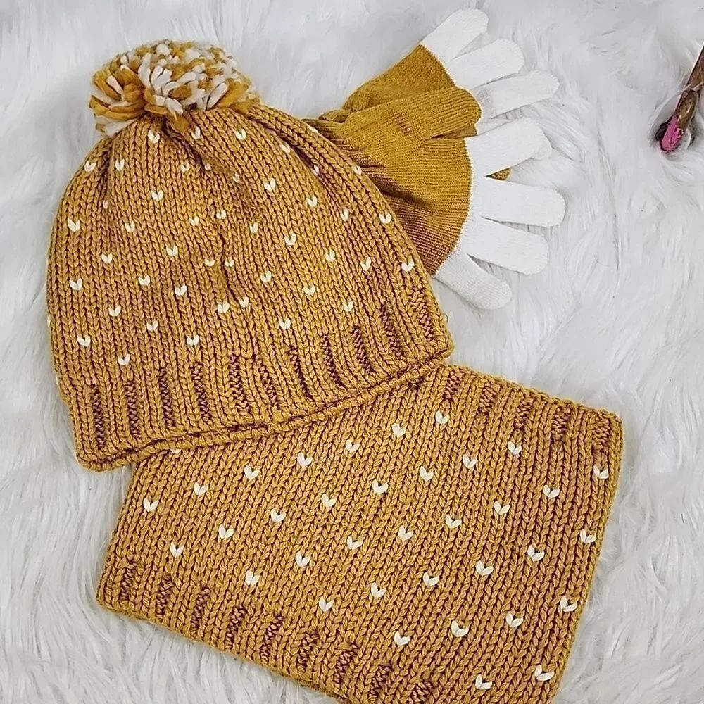 Toby Knit Mustard Yellow Stocking Cap, Gloves and Cowl neck Scarf Set